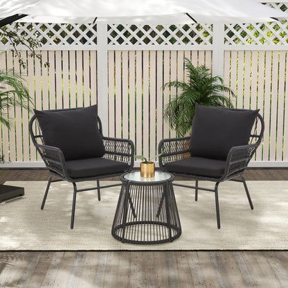 3-Piece Patio Conversation Bistro Set, Outdoor Rattan Furniture Set with Glass Table & 2 Wide Armchairs, Seat Cushions