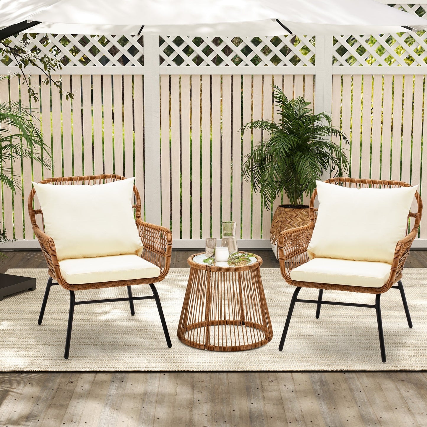 3-Piece Patio Conversation Bistro Set, Outdoor Rattan Furniture Set with Glass Table & 2 Wide Armchairs, Seat Cushions