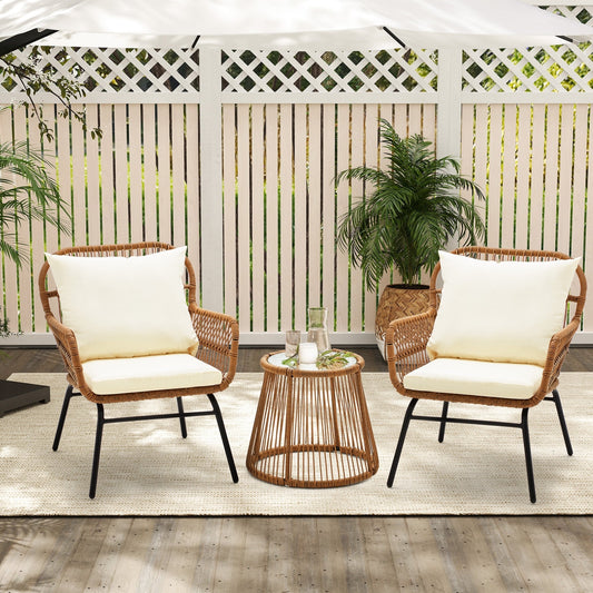 3-Piece Patio Conversation Bistro Set, Outdoor Rattan Furniture Set with Glass Table & 2 Wide Armchairs, Seat Cushions