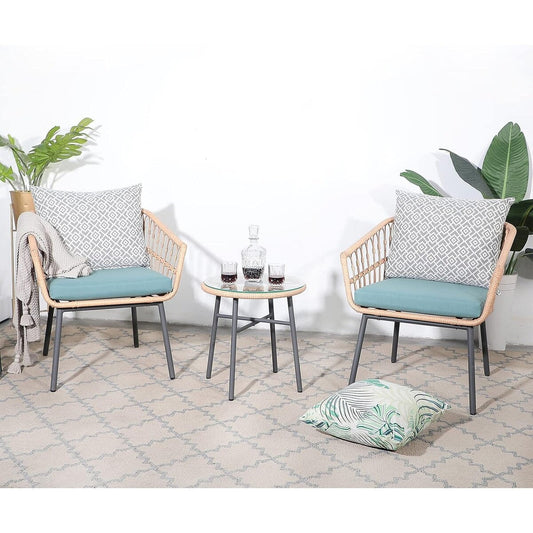 3 Piece Patio Furniture Outdoor Conversation Bistro Set with Tempered Coffee Table and Wicker Chairs for Garden Balcony Backyard