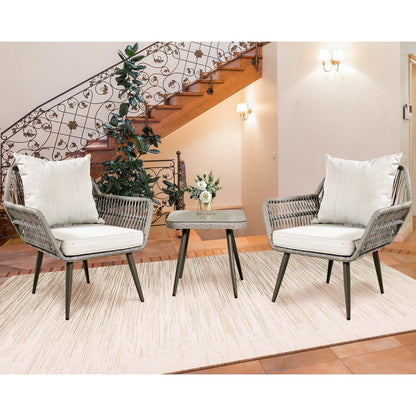 3 Piece Patio Furniture Set Small Outdoor Wicker Rattan Front Porch Bistro Set Patio Chairs Conversation Set with Glass Table