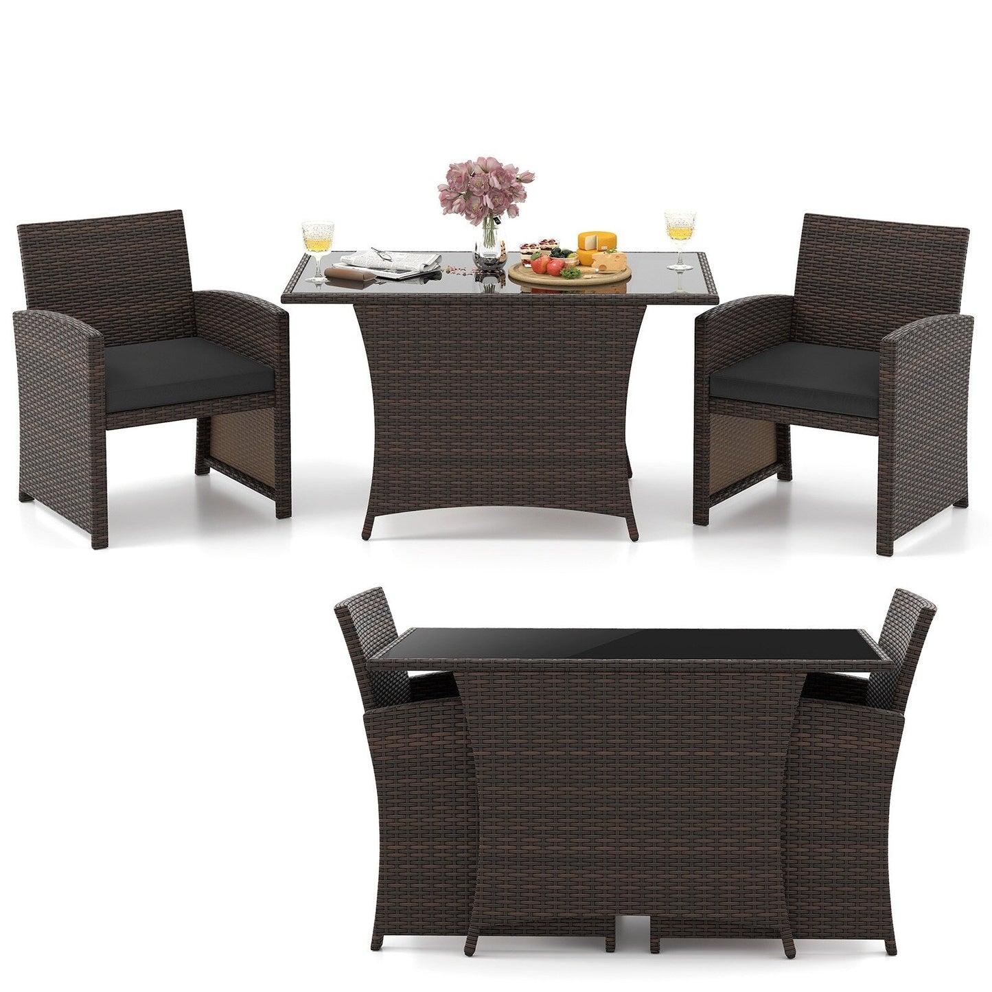 3 Piece Patio Wicker Dining Set with Glass Table and Cushioned Chairs - 25 x 23.5 x 31