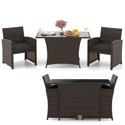 3 Piece Patio Wicker Dining Set with Glass Table and Cushioned Chairs - 25 x 23.5 x 31
