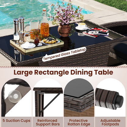 3 Piece Patio Wicker Dining Set with Glass Table and Cushioned Chairs - 25 x 23.5 x 31