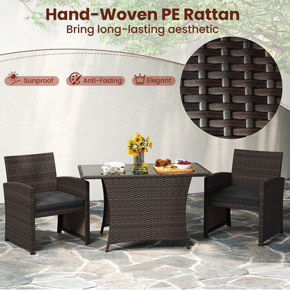 3 Piece Patio Wicker Dining Set with Glass Table and Cushioned Chairs - 25 x 23.5 x 31