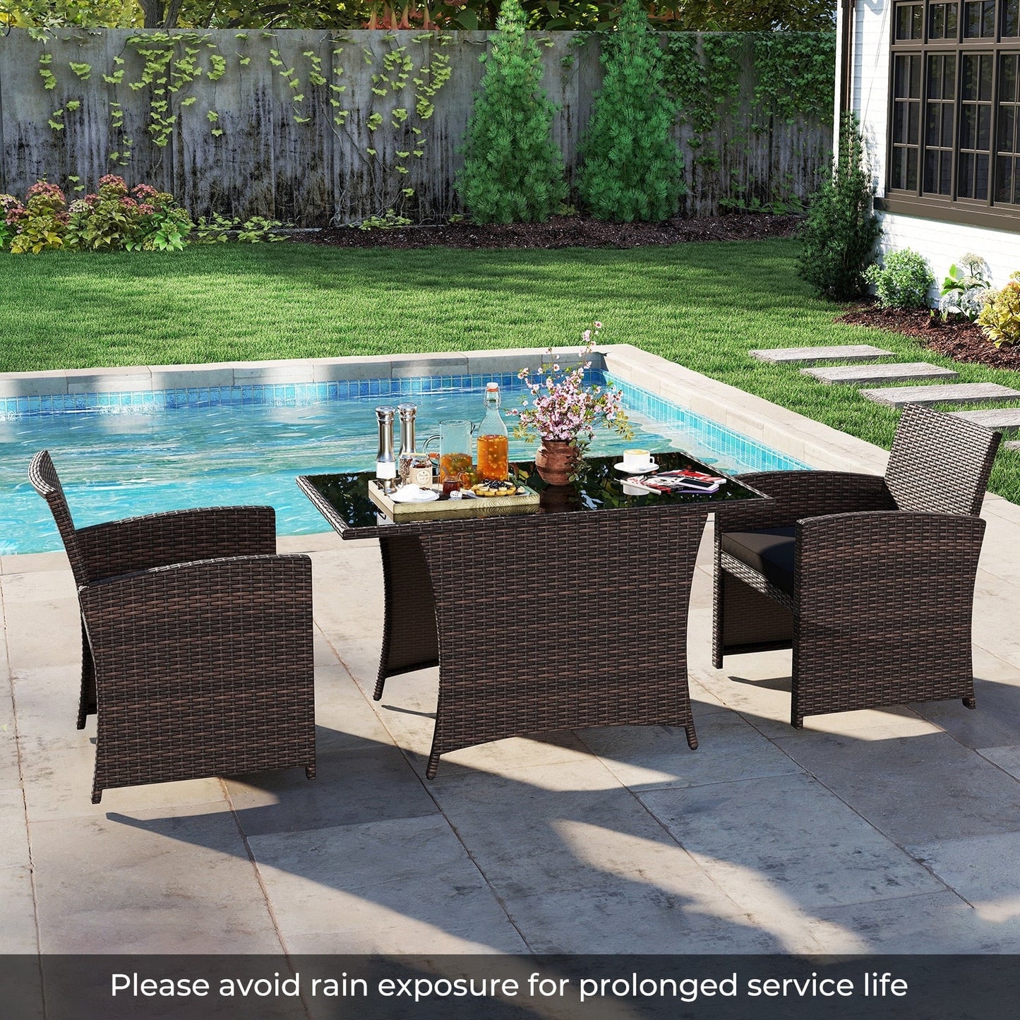3 Piece Patio Wicker Dining Set with Glass Table and Cushioned Chairs - 25 x 23.5 x 31