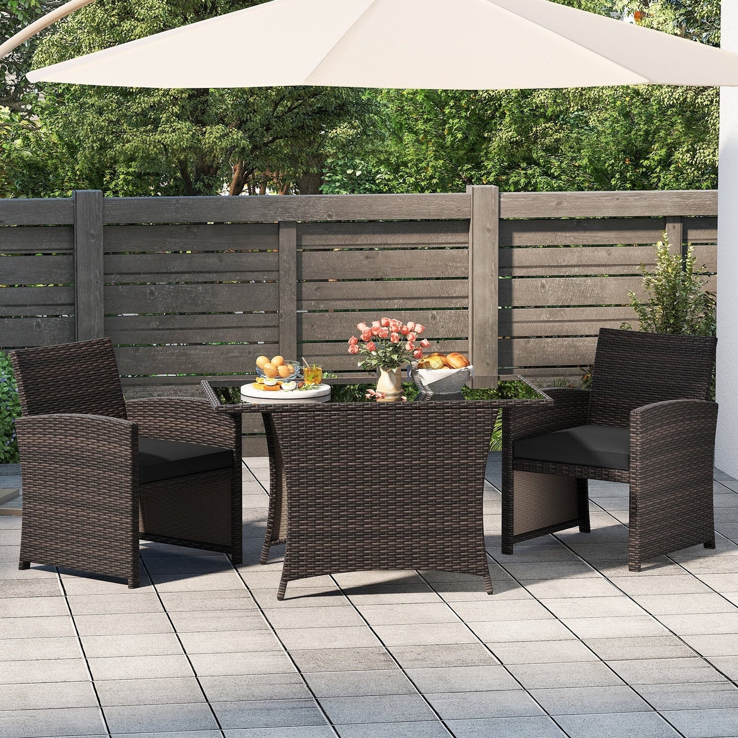 3 Piece Patio Wicker Dining Set with Glass Table and Cushioned Chairs - 25 x 23.5 x 31