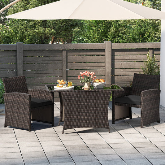 3 Piece Patio Wicker Dining Set with Glass Table and Cushioned Chairs - 25 x 23.5 x 31