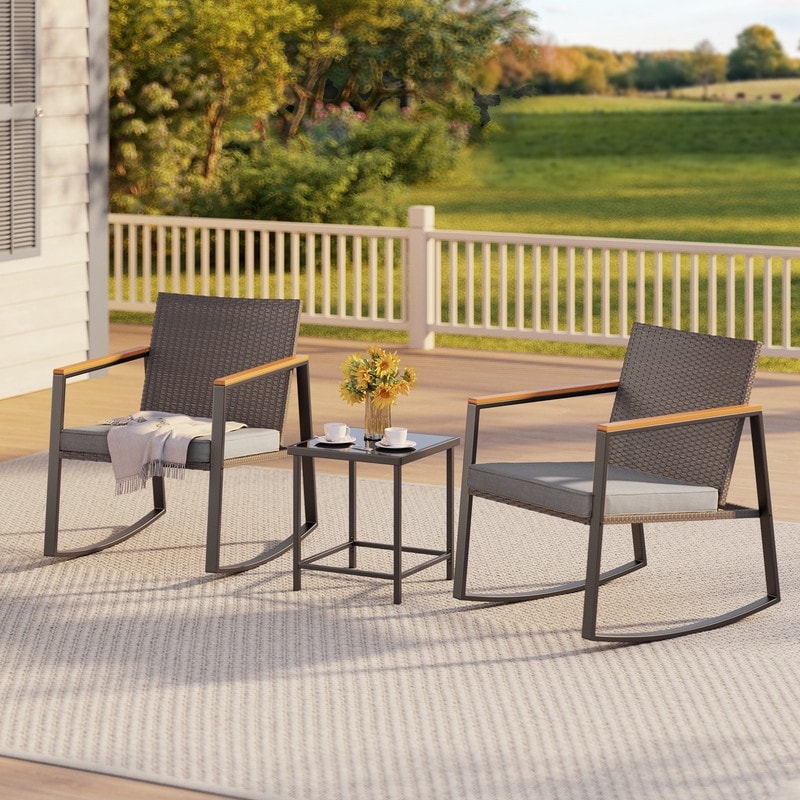 3 Piece Rocking Patio Bistro Set Wicker, Rocking Chair Pub Set with Glass Table