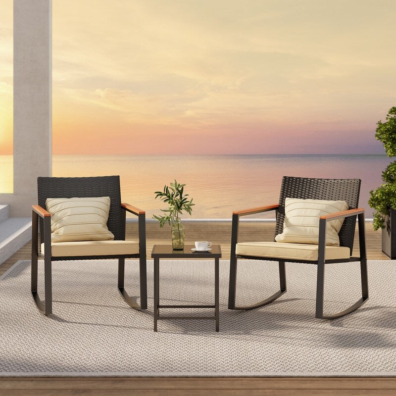 3 Piece Rocking Patio Bistro Set Wicker, Rocking Chair Pub Set with Glass Table