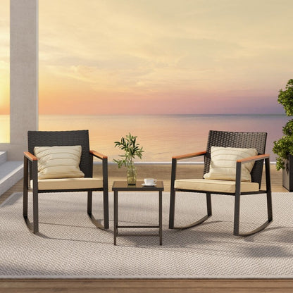 3 Piece Rocking Patio Bistro Set Wicker, Rocking Chair Pub Set with Glass Table