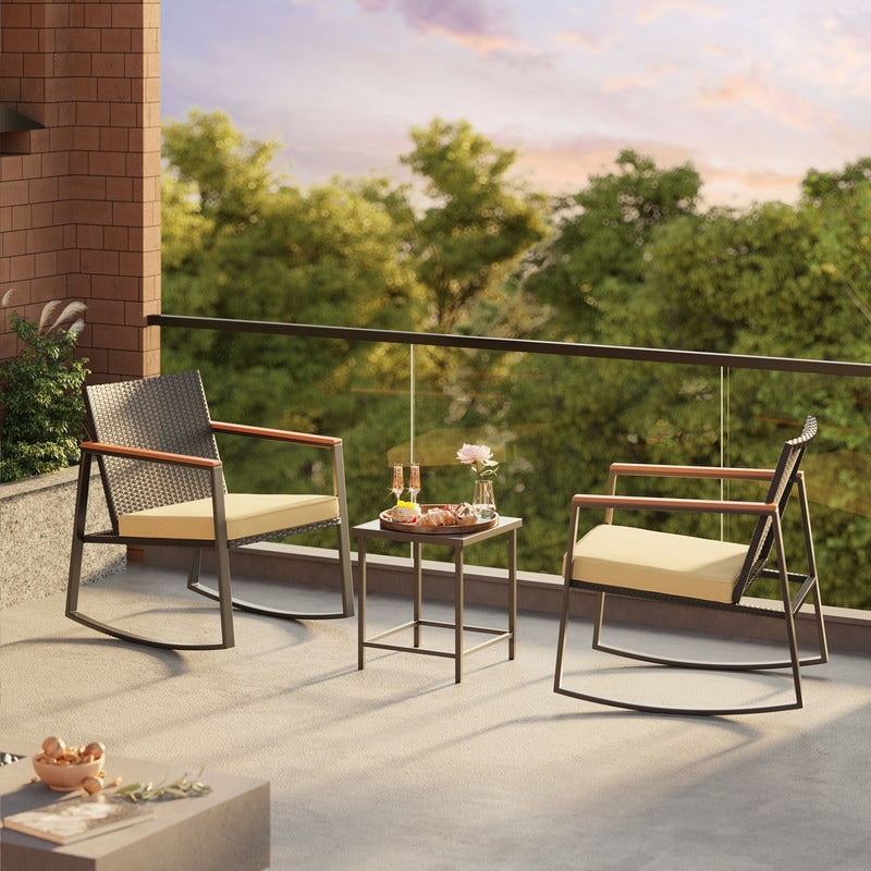 3 Piece Rocking Patio Bistro Set Wicker, Rocking Chair Pub Set with Glass Table