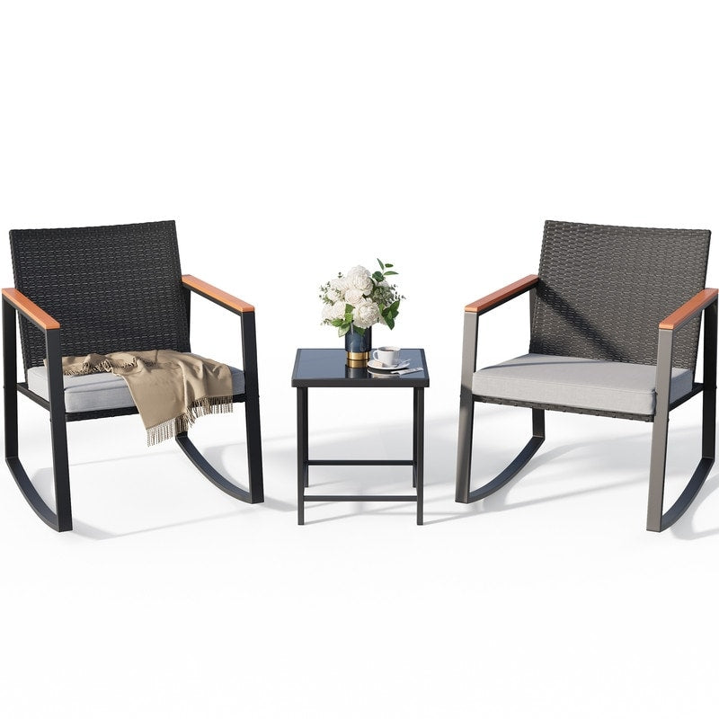 3 Piece Rocking Patio Bistro Set Wicker, Rocking Chair Pub Set with Glass Table