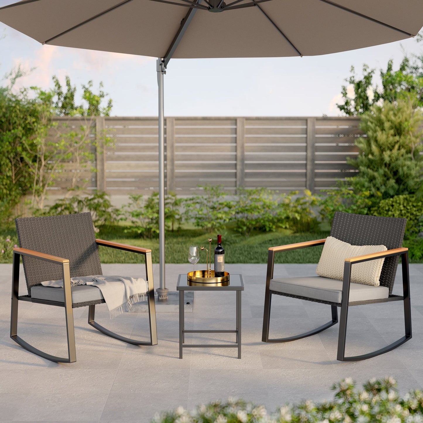 3 Piece Rocking Patio Bistro Set Wicker, Rocking Chair Pub Set with Glass Table