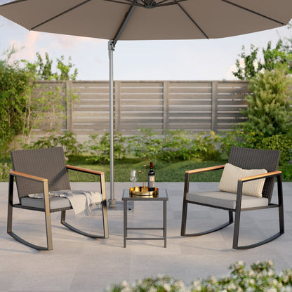 3 Piece Rocking Patio Bistro Set Wicker, Rocking Chair Pub Set with Glass Table