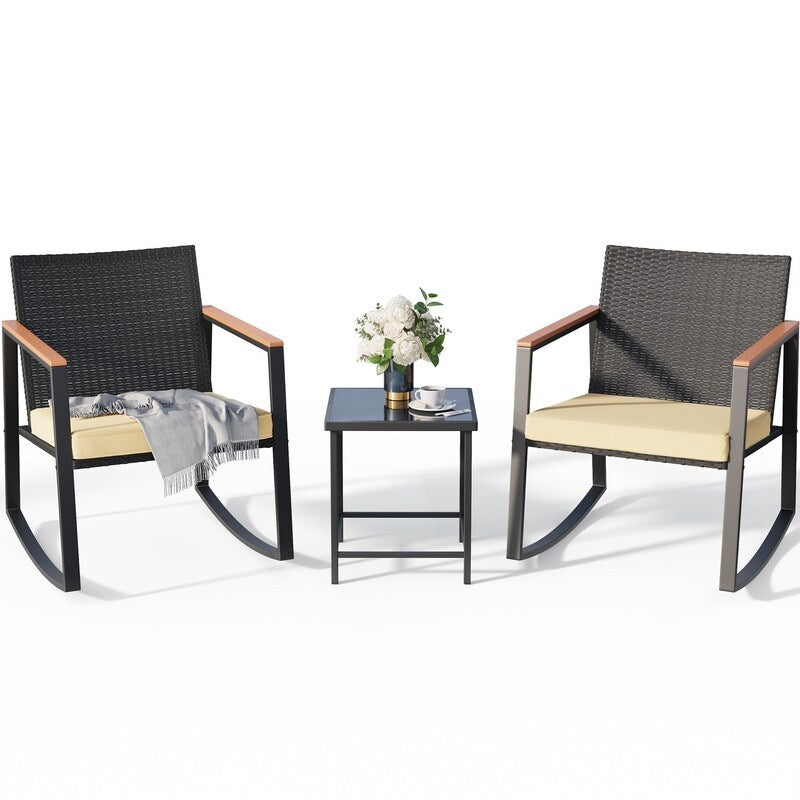 3 Piece Rocking Patio Bistro Set Wicker, Rocking Chair Pub Set with Glass Table