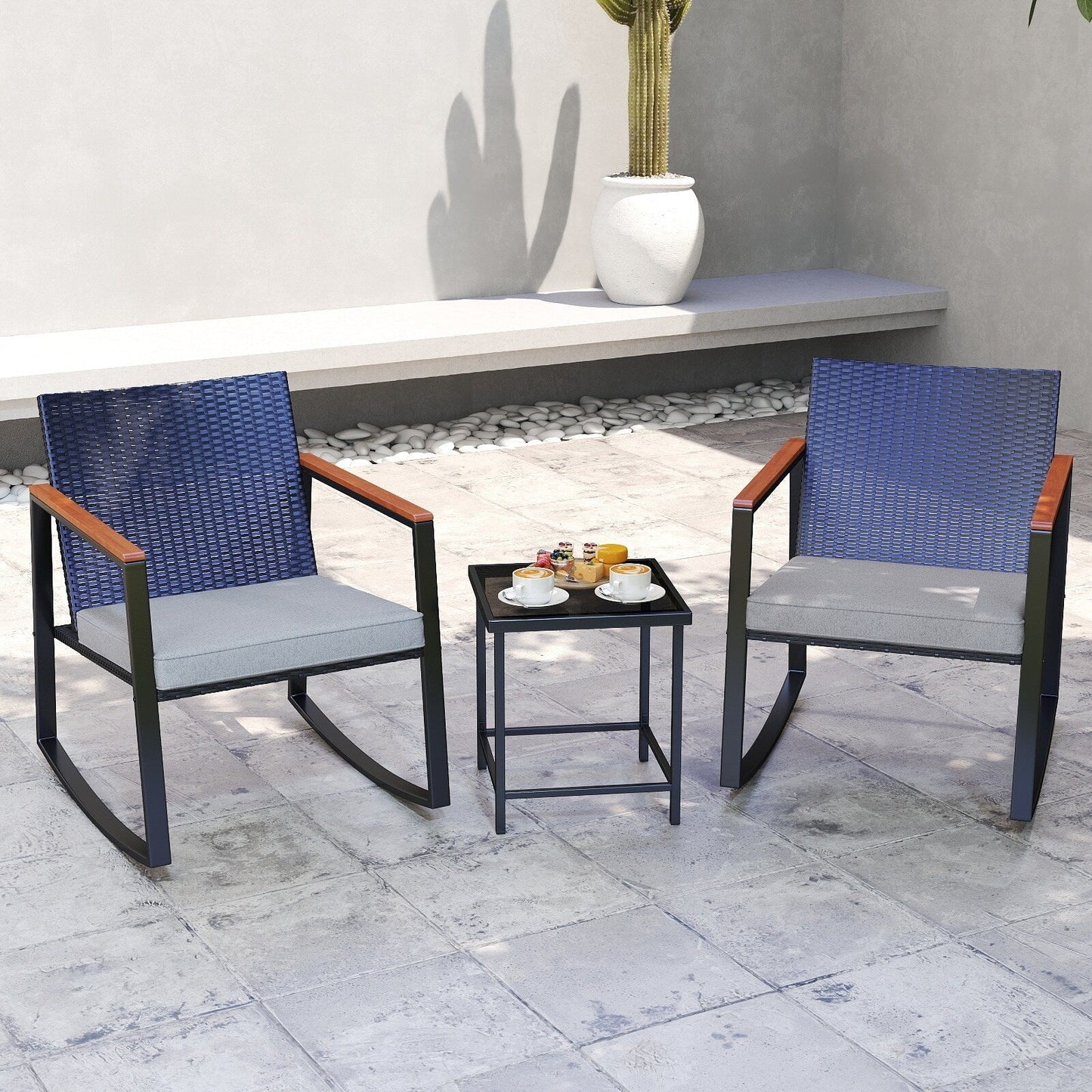 3 Piece Rocking Patio Bistro Set Wicker, Rocking Chair Pub Set with Glass Table