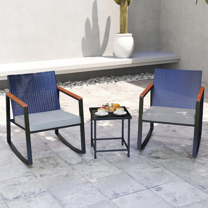 3 Piece Rocking Patio Bistro Set Wicker, Rocking Chair Pub Set with Glass Table