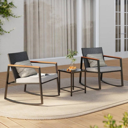 3 Piece Rocking Patio Bistro Set Wicker, Rocking Chair Pub Set with Glass Table