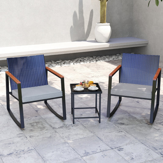 3 Piece Rocking Patio Bistro Set Wicker, Rocking Chair Pub Set with Glass Table