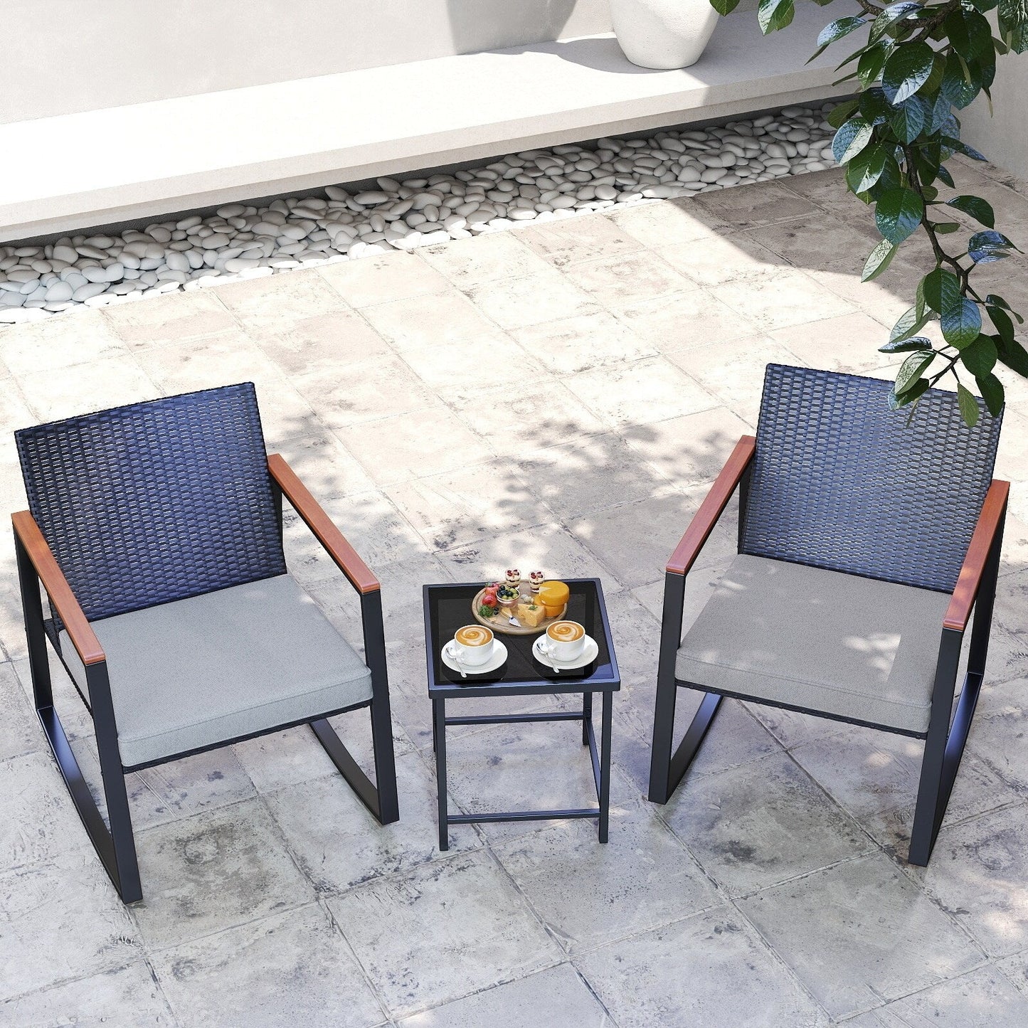 3 Piece Rocking Patio Bistro Set Wicker, Rocking Chair Pub Set with Glass Table