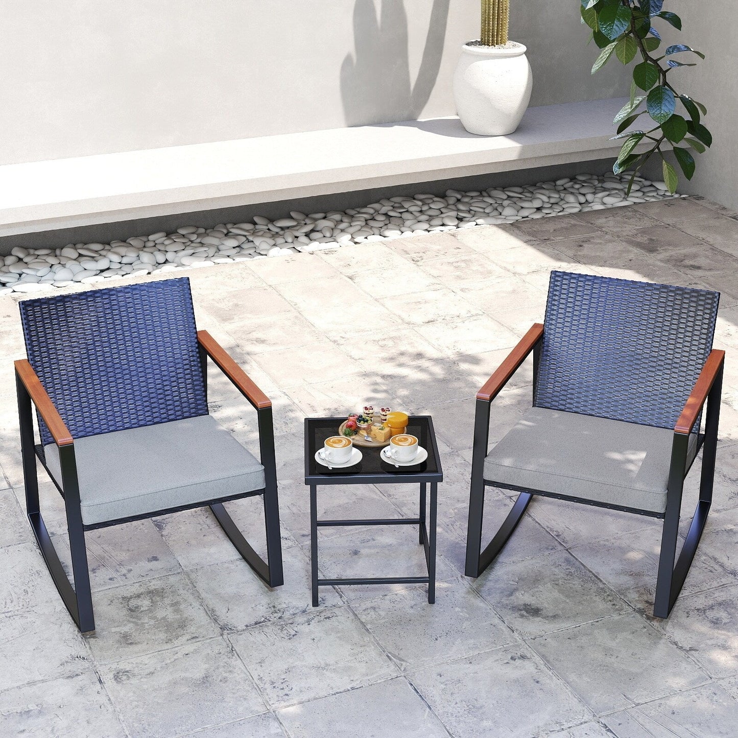 3 Piece Rocking Patio Bistro Set Wicker, Rocking Chair Pub Set with Glass Table