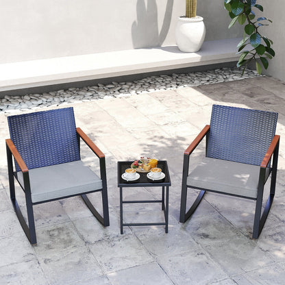 3 Piece Rocking Patio Bistro Set Wicker, Rocking Chair Pub Set with Glass Table