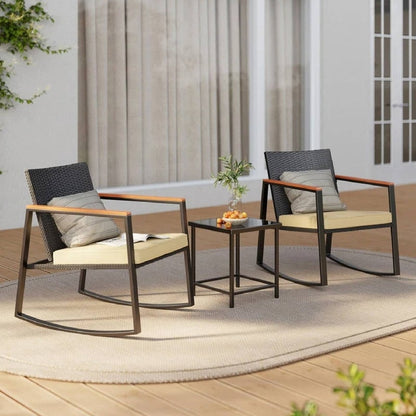 3 Piece Rocking Patio Bistro Set Wicker, Rocking Chair Pub Set with Glass Table