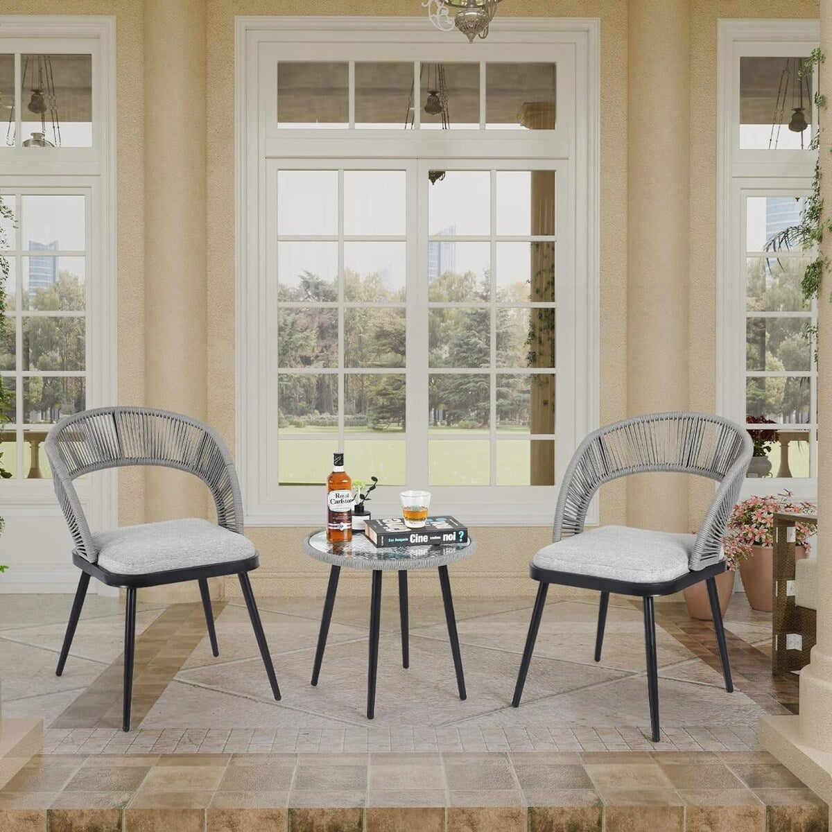 XINMICS 3 Pieces Handmade Rope Woven Cutout Backrest Patio Furniture