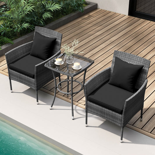 3 Piece Patio Set with Cushioned Chairs and Glass Top Coffee Table - 20 x 20 x 28