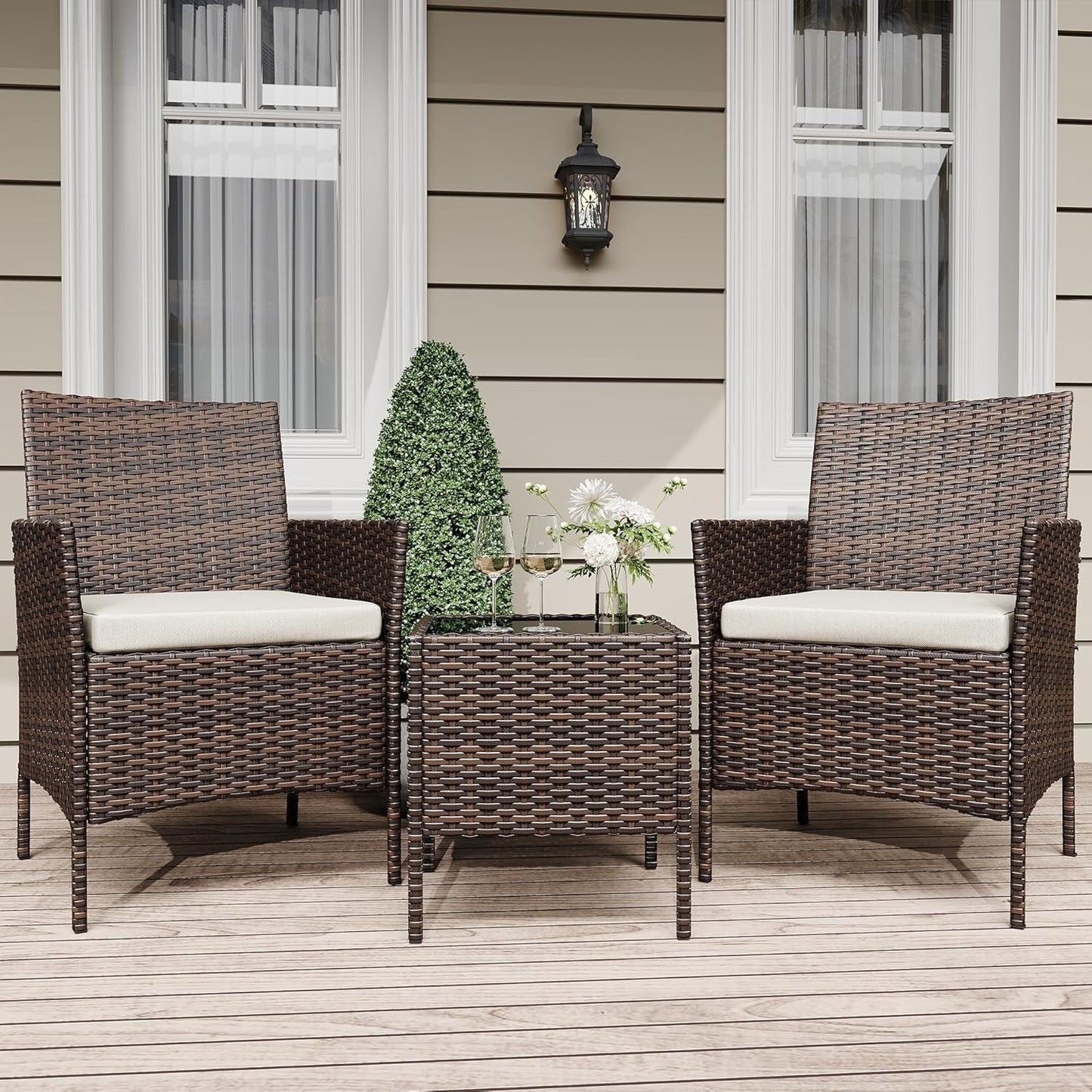 3 Pieces Rattan Wicker Chairs with Glass Coffee Table