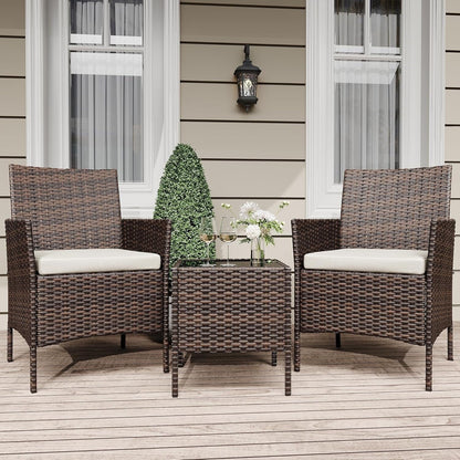 3 Pieces Rattan Wicker Chairs with Glass Coffee Table
