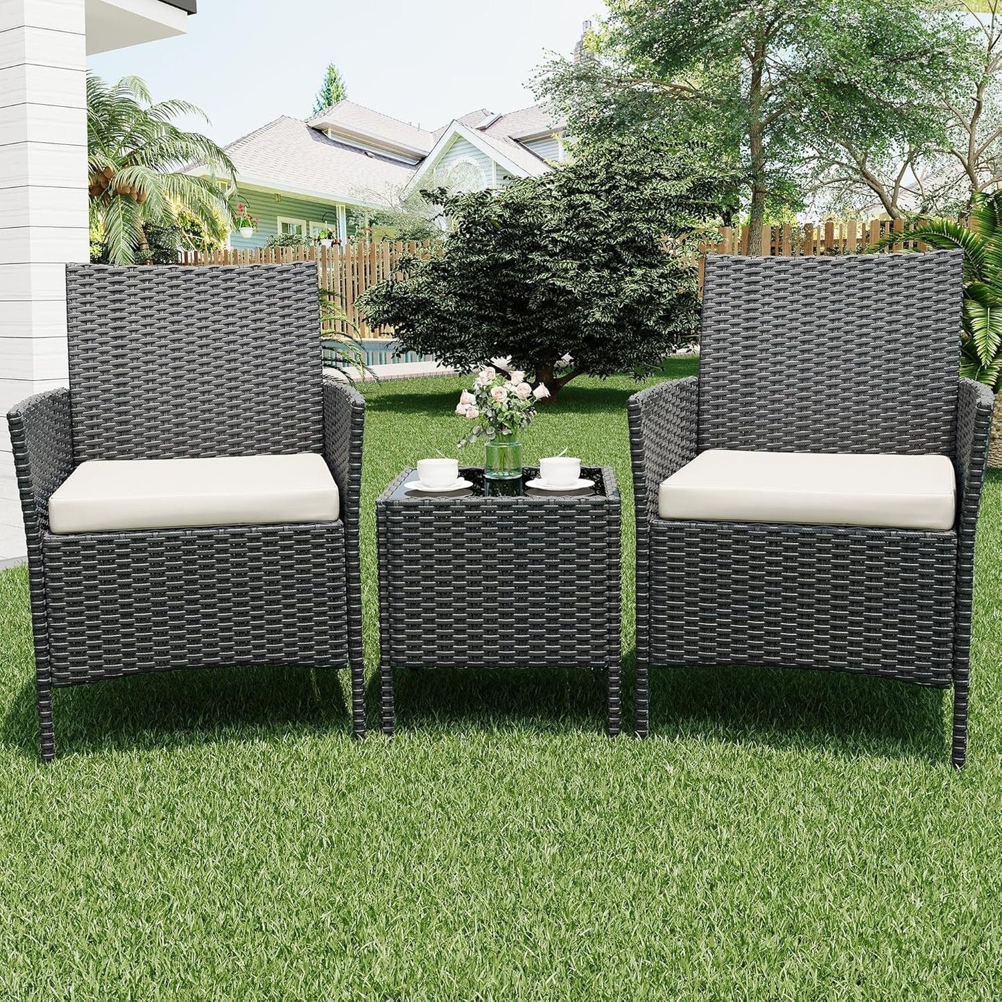 3 Pieces Rattan Wicker Chairs with Glass Coffee Table