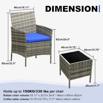 3 Pieces Rattan Wicker Chairs with Glass Coffee Table