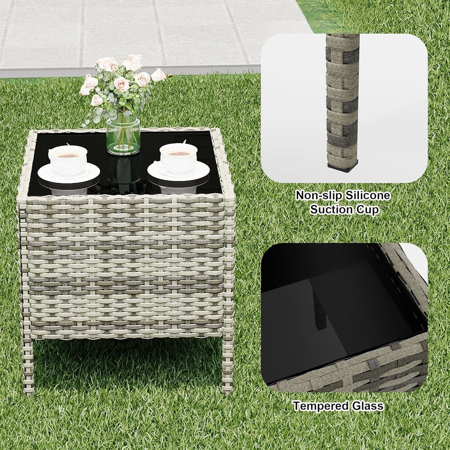3 Pieces Rattan Wicker Chairs with Glass Coffee Table