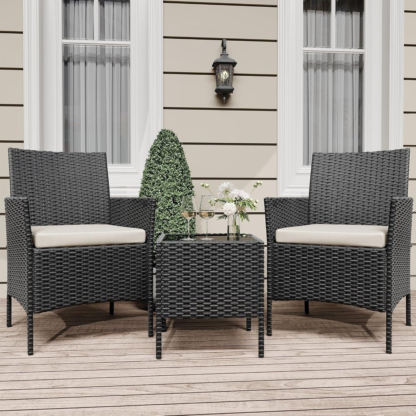3 Pieces Rattan Wicker Chairs with Glass Coffee Table