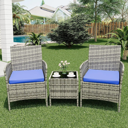 3 Pieces Rattan Wicker Chairs with Glass Coffee Table