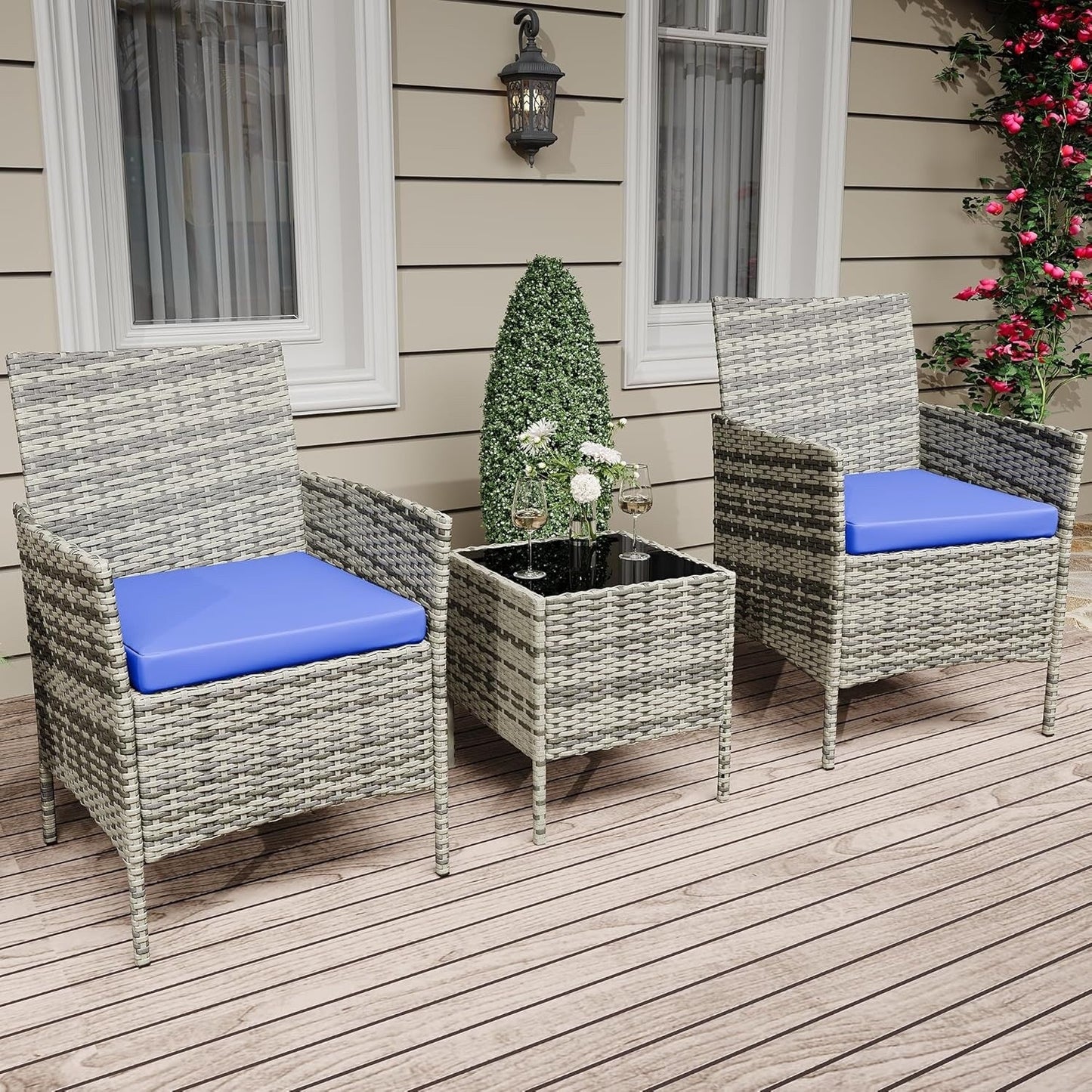 3 Pieces Rattan Wicker Chairs with Glass Coffee Table