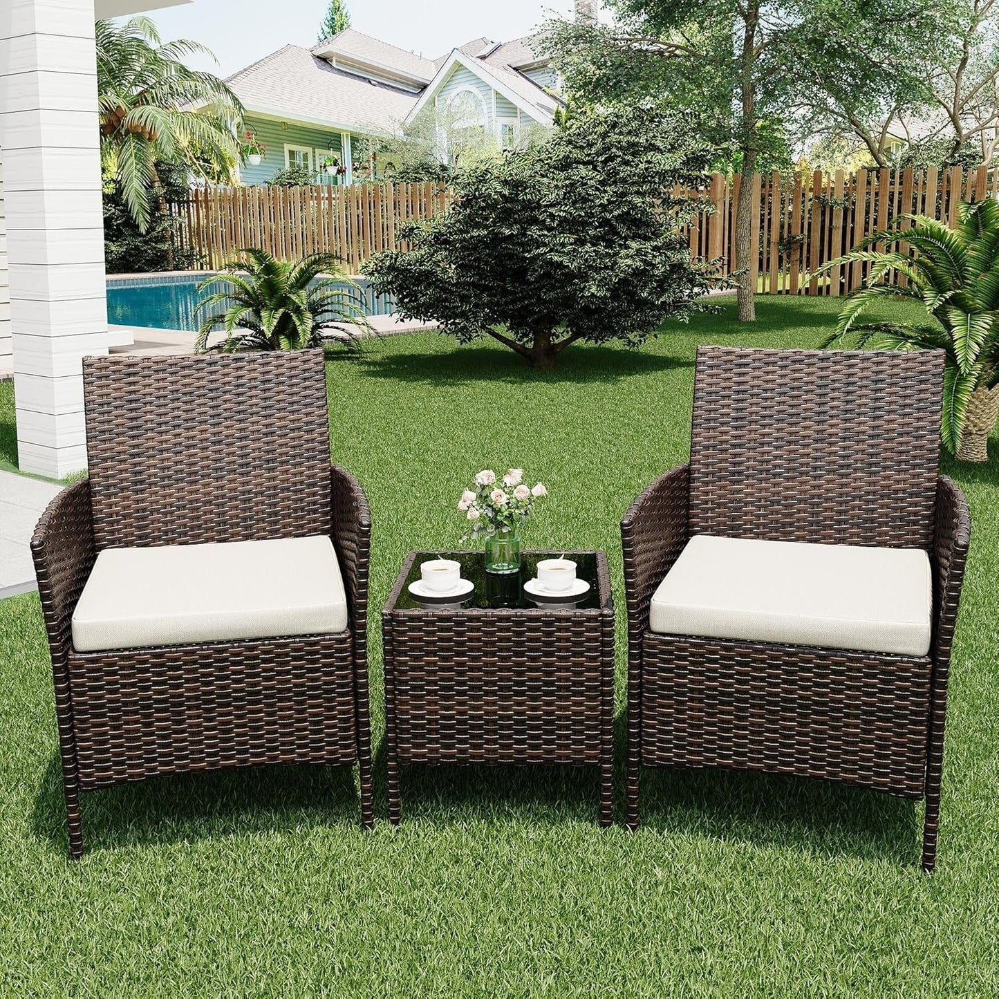 3 Pieces Rattan Wicker Chairs with Glass Coffee Table