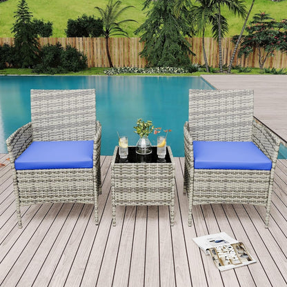 3 Pieces Rattan Wicker Chairs with Glass Coffee Table