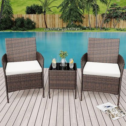 3 Pieces Rattan Wicker Chairs with Glass Coffee Table