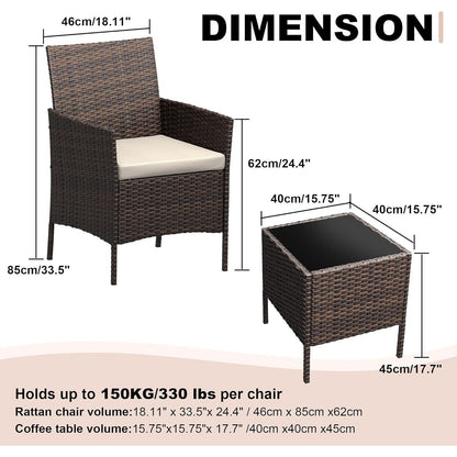 3 Pieces Rattan Wicker Chairs with Glass Coffee Table