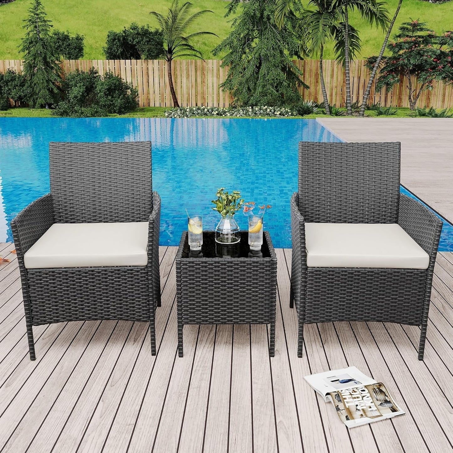 3 Pieces Rattan Wicker Chairs with Glass Coffee Table