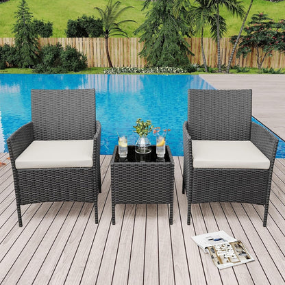 3 Pieces Rattan Wicker Chairs with Glass Coffee Table