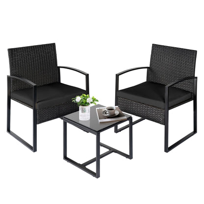 3 Piece Patio Bistro Set Outdoor Furniture Set with Glass Table, Rattan Conversation Sets for Porch Garden Balcony