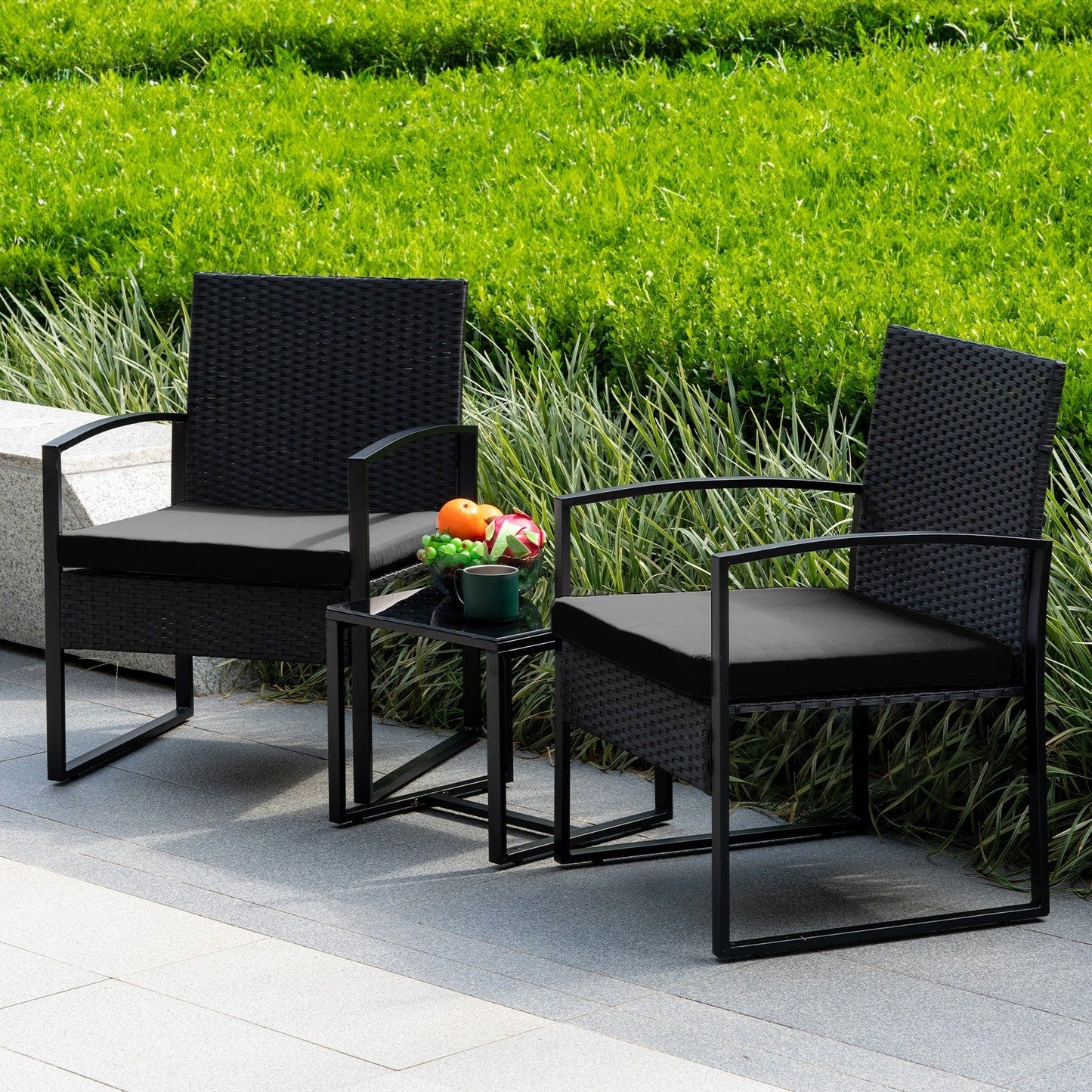 3 Piece Patio Bistro Set Outdoor Furniture Set with Glass Table, Rattan Conversation Sets for Porch Garden Balcony