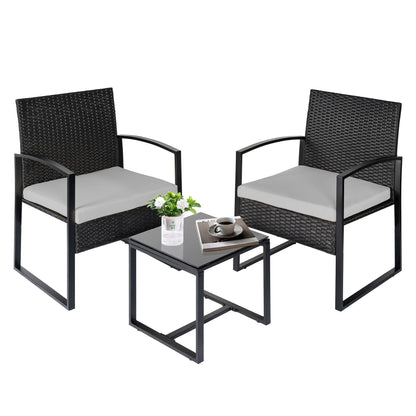 3 Piece Patio Bistro Set Outdoor Furniture Set with Glass Table, Rattan Conversation Sets for Porch Garden Balcony