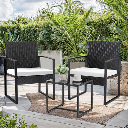 3 Piece Patio Bistro Set Outdoor Furniture Set with Glass Table, Rattan Conversation Sets for Porch Garden Balcony