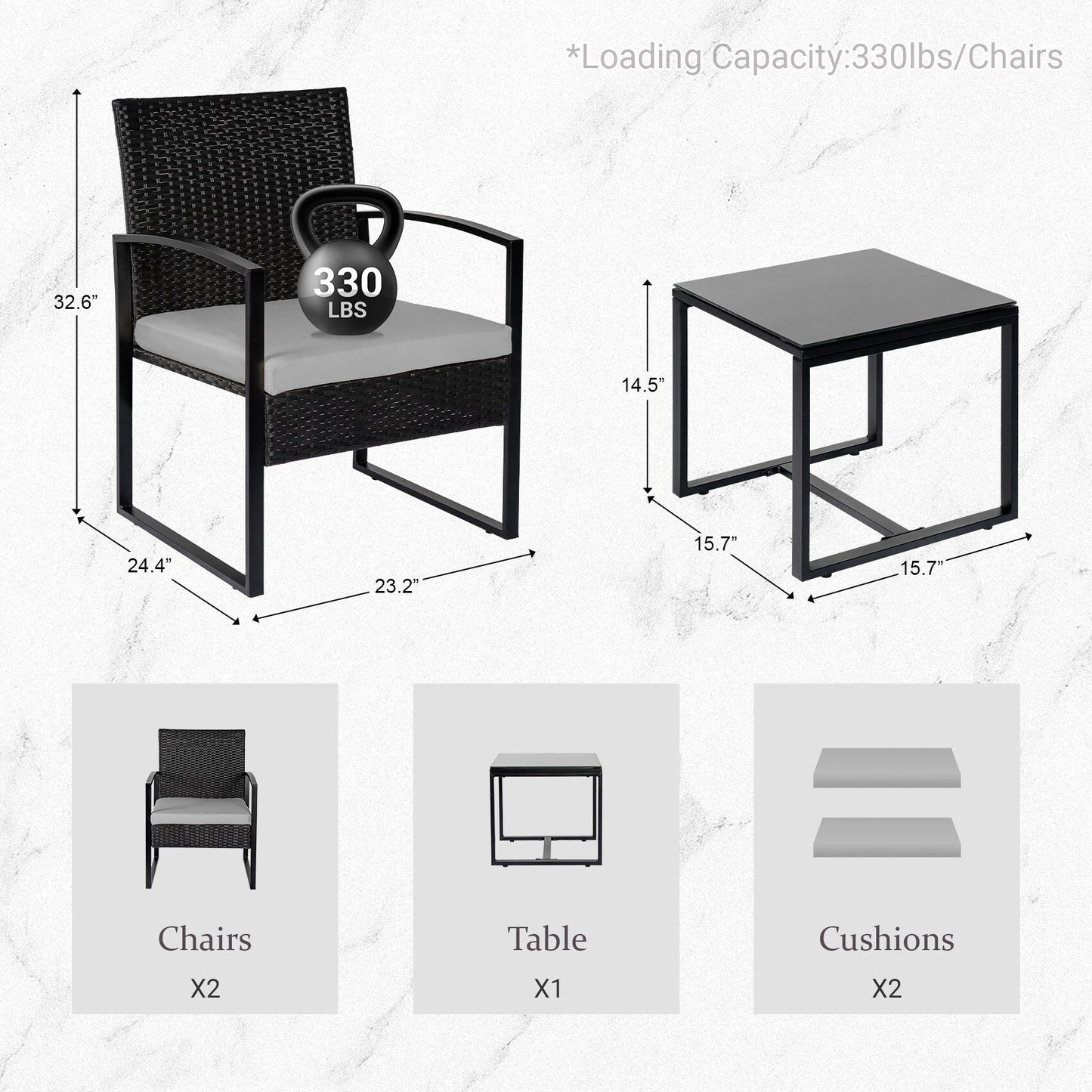 3 Piece Patio Bistro Set Outdoor Furniture Set with Glass Table, Rattan Conversation Sets for Porch Garden Balcony