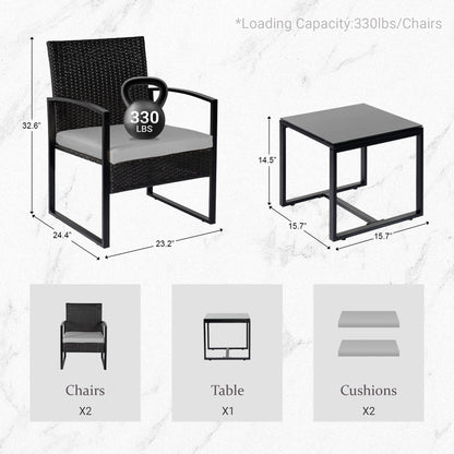 3 Piece Patio Bistro Set Outdoor Furniture Set with Glass Table, Rattan Conversation Sets for Porch Garden Balcony